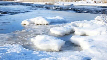 Poster - Winter river scene featuring chunks of ice and snow along the bank, showcasing the contrast between the flowing blue water and the frozen white landscape. : Generative AI