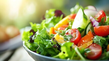 Poster - Close-up of a vibrant mixed green salad with ripe cherry tomatoes, cucumber, bell pepper, and red onion, illuminated by sunlight. : Generative AI