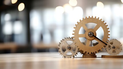 Fototapete - Wooden gears interlock on a light wood surface, blurred office background suggesting teamwork, mechanism, and efficiency. : Generative AI