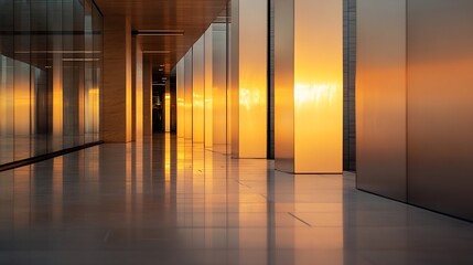 Fototapete - Golden sunset reflected in a modern glass and stone hallway, creating a warm and inviting atmosphere. The sleek architecture and polished floor enhance the tranquil ambiance. : Generative AI