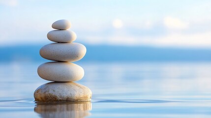 Poster - Serene Stack of White Stones Balanced on Calm Water, Reflecting a Peaceful Sky, Evoking Tranquility and Zen. : Generative AI