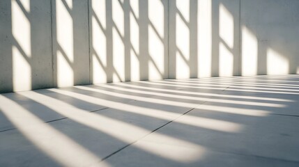 Poster - Sunlight casts vertical stripes across a light grey concrete floor and wall, creating a minimalist, modern architectural scene. : Generative AI