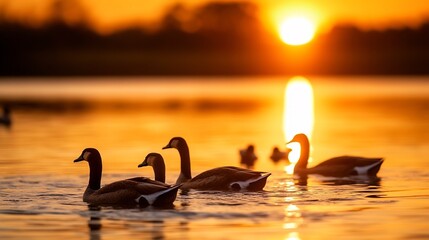 Leinwandbilder - Silhouetted Canada geese gracefully swim across a calm lake at sunset, the golden light reflecting beautifully on the water's surface. : Generative AI