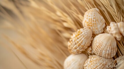 Poster - Close-up of seashells nestled amongst dried wheat stalks, showcasing their delicate textures and warm beige tones.  A tranquil, natural scene. : Generative AI