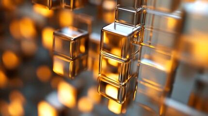 Aufkleber - Abstract composition of reflective glass cubes, illuminated with warm orange light, creating a sense of depth and dimension.  The image suggests themes of technology, architecture, or  : Generative AI