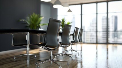 Aufkleber - Modern office conference room with sleek black leather chairs surrounding a glass-top table, large windows offering a city view. : Generative AI