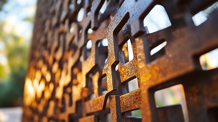 Leinwandbilder - Close-up view of a rusty metal screen with geometric cutouts, illuminated by warm sunlight, creating a textured and abstract pattern. : Generative AI