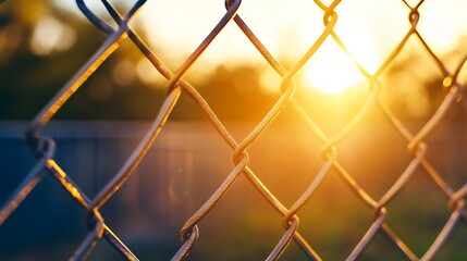 Aufkleber - Close-up view of a chain link fence at sunset, the warm golden light illuminating the metal wires creating a textured pattern. : Generative AI