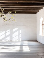 Poster - Sunlight streams into a minimalist room with whitewashed walls, wooden beams, and a branch with fresh green leaves, creating a serene atmosphere. : Generative AI