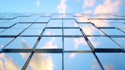 Leinwandbilder - Abstract metallic cubes reflecting a bright blue sky with fluffy white clouds, creating a modern and clean aesthetic. : Generative AI