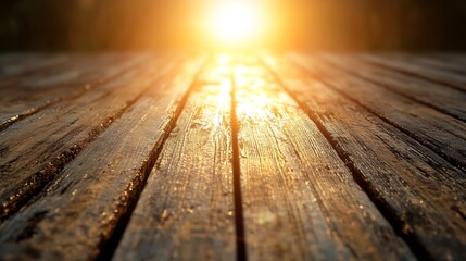 Aufkleber - Warm sunlight illuminates a weathered wooden surface, showcasing the rich texture and grain of aged planks, creating a rustic and inviting scene. : Generative AI
