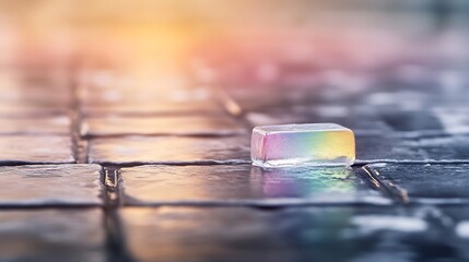 Poster - A single, iridescent ice cube rests on a wet, dark stone pavement, bathed in the warm glow of a setting sun, creating a captivating contrast of color and texture. : Generative AI