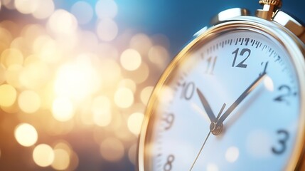 Aufkleber - Close-up of a vintage gold pocket watch with white face, showing almost midnight, against a bokeh background of warm, golden lights, suggesting a New Year's Eve celebration. : Generative AI