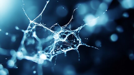 Fototapete - Abstract blue web-like structure, intricate details, dark background, digital art, resembling a shattered glass or ice splash, with bokeh effect. : Generative AI