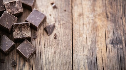 Aufkleber - Dark chocolate pieces scattered on rustic wooden surface, close-up view showing rich brown color and texture, ideal for food blogs or chocolate product advertising. : Generative AI
