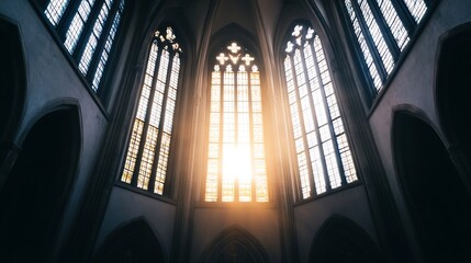 Poster - Sunlight streams through gothic arched windows in a dimly lit church, illuminating stained glass panes with a warm golden glow, creating a serene and spiritual atmosphere. : Generative AI