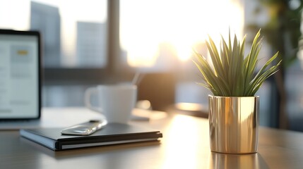 Leinwandbilder - Modern office workspace with golden plant pot, notebook, and smartphone at sunset, showcasing a minimalist and stylish desk setup. : Generative AI
