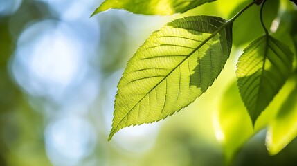 Poster - Close-up of a vibrant green leaf illuminated by sunlight, showcasing intricate vein details against a soft-focus natural background. : Generative AI