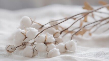 Fototapete - Delicate cotton plant branches with fluffy white bolls rest gently on a soft, textured white fabric, creating a serene and minimalist scene. : Generative AI