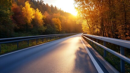 Aufkleber - Scenic autumn road winding through a vibrant forest at sunset, bathed in warm golden light, with guardrails lining the asphalt. : Generative AI