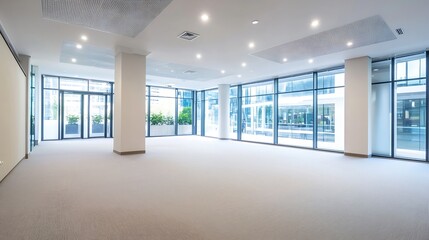 Aufkleber - Spacious, modern office interior with large windows and beige carpeting, offering ample natural light and a minimalist design aesthetic. : Generative AI