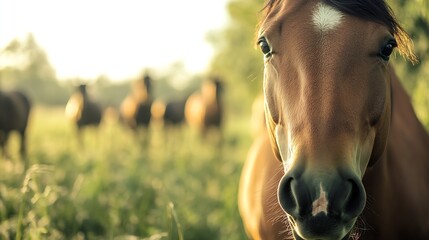 Leinwandbilder - Close-up portrait of a chestnut horse in a sunlit pasture, other horses blurred in the background, conveying a sense of serenity and rural life. : Generative AI