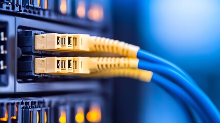Poster - Close-up view of fiber optic cables plugged into a network server, showcasing the yellow and blue connectors against a blurred blue background. : Generative AI