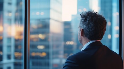 Poster - A businessman in a dark suit stands by a large window, gazing at a city skyline at dusk. The cityscape is blurred, creating a contemplative mood. : Generative AI