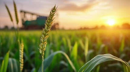 Poster - Single wheat stalk in a field at sunset, with a blurred combine harvester in the background, showcasing the golden hour light and lush green foliage. : Generative AI