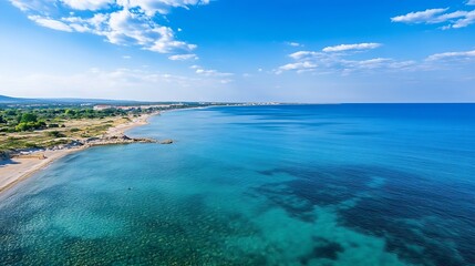 Poster - Aerial view of a stunning coastline, turquoise water, sandy beach, and green vegetation under a vibrant blue sky with fluffy clouds.  A tranquil summer scene. : Generative AI