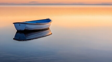 Poster - A small white rowboat with blue interior gently floats on calm water at sunrise, its reflection mirroring the peaceful scene. : Generative AI