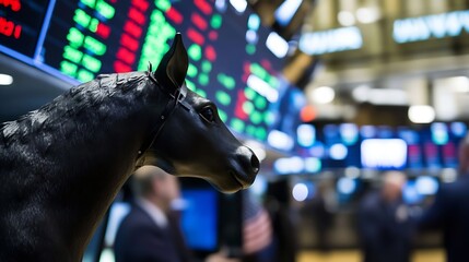 Leinwandbilder - Black horse statue in front of a stock exchange ticker board, showcasing financial market dynamics and equestrian symbolism. : Generative AI