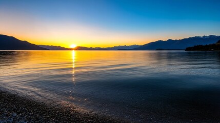 Poster - Serene sunrise over a calm lake, majestic mountains silhouetted against a vibrant orange and blue sky, reflecting golden light on the tranquil water's surface. : Generative AI