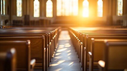 Poster - Sunlit church pews in a tranquil setting, bathed in warm golden light streaming through stained glass windows, creating a peaceful and serene atmosphere. : Generative AI