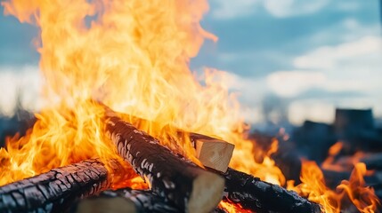 Aufkleber - Close-up view of a vibrant bonfire with burning logs and intense orange flames against a blurred sky background.  The wood crackles and glows, creating a warm and inviting atmosphere. : Generative AI