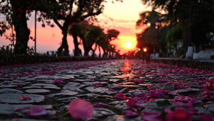 Poster - Cobblestone street strewn with pink petals at sunset, creating a romantic and serene atmosphere.  Trees line the path, adding depth and beauty to the scene.