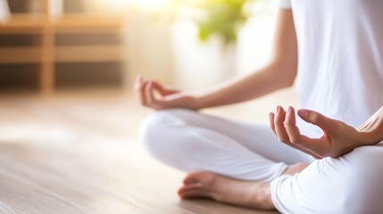Aufkleber - Woman meditating in a peaceful home setting, sunlight streaming in, wearing white yoga pants, practicing mindfulness and serenity. : Generative AI