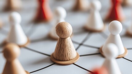 Fototapete - Wooden game pieces form a network, showcasing connection and strategy.  A central light brown piece stands out among white and red ones, symbolizing leadership or a key player. : Generative AI