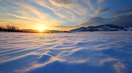 Poster - Serene winter sunset over snow-covered field and distant mountains, showcasing a breathtaking golden hour landscape. : Generative AI