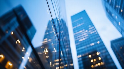 Poster - Reflective glass skyscraper facade at dusk, showcasing modern architecture and urban cityscape details with blurred city lights reflecting in the glass panels. : Generative AI