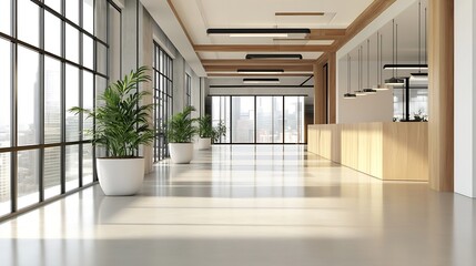 Poster - Modern office hallway with large windows overlooking city skyline, featuring light wood paneling, potted plants, and sleek minimalist lighting fixtures. : Generative AI