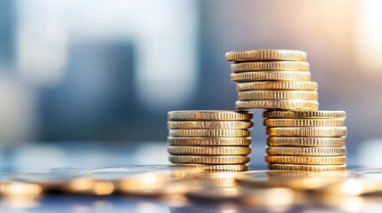 Leinwandbilder - Three stacks of gold coins stand on a reflective surface, with a blurred city backdrop suggesting financial growth and prosperity. : Generative AI