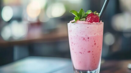 Poster - Refreshing strawberry milkshake in a tall glass, garnished with fresh mint and a strawberry, sits on a table in a cafe setting. : Generative AI