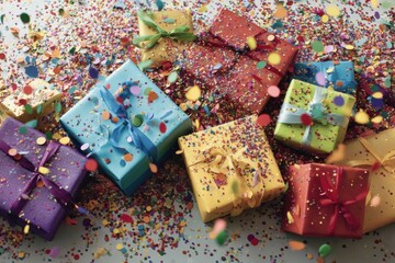 Poster - Wrapped Gifts Burst With Colorful Confetti Creating a Festive Atmosphere for Celebrations and Joyful Gatherings Generative AI