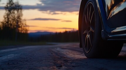 Aufkleber - Close-up of a dark-colored car tire on a gravel road at sunset, the warm light illuminating the wheel and the blurred background showing a tranquil landscape. : Generative AI