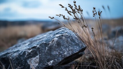 Poster - Close-up view of dried grass stalks beside a dark grey rock, set against a blurred, cool-toned landscape background.  The scene evokes a sense of serenity and quietude. : Generative AI