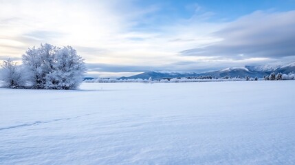 Poster - Winter landscape featuring a snow-covered field, frost-covered trees, and a mountain range under a partly cloudy sky, creating a serene and peaceful atmosphere. : Generative AI