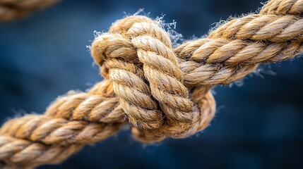 Leinwandbilder - Close-up view of a knotted beige rope, showcasing its texture and intricate detail against a blurred navy blue background. The fibers are visible, creating a rustic and detailed image. : Generative AI