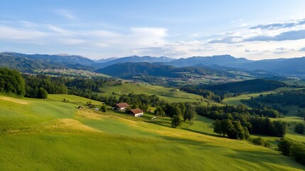 Aufkleber - Serene alpine farmland landscape with rolling green hills, farmhouses, and a distant mountain range under a clear blue sky. : Generative AI