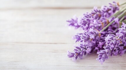 Aufkleber - A fragrant bunch of lavender blossoms rests on a rustic white wooden surface, creating a calming and serene scene perfect for aromatherapy or spa-related projects. : Generative AI